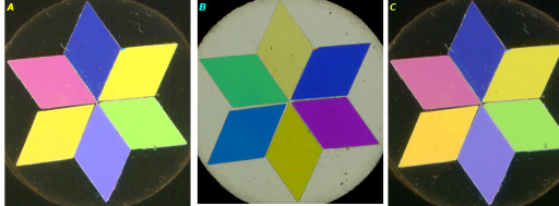 In A Polarizzatore e analizzatore perpendicolari<br />
In B Polarizzatore e analizzatore paralleli<br />
In C Polarizzatore e analizzatore perpendicolari.